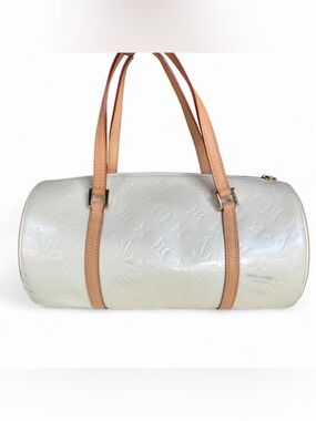 Louis Vuitton White Vernis Monogram Barrel Shoulder Bag with Tan Straps